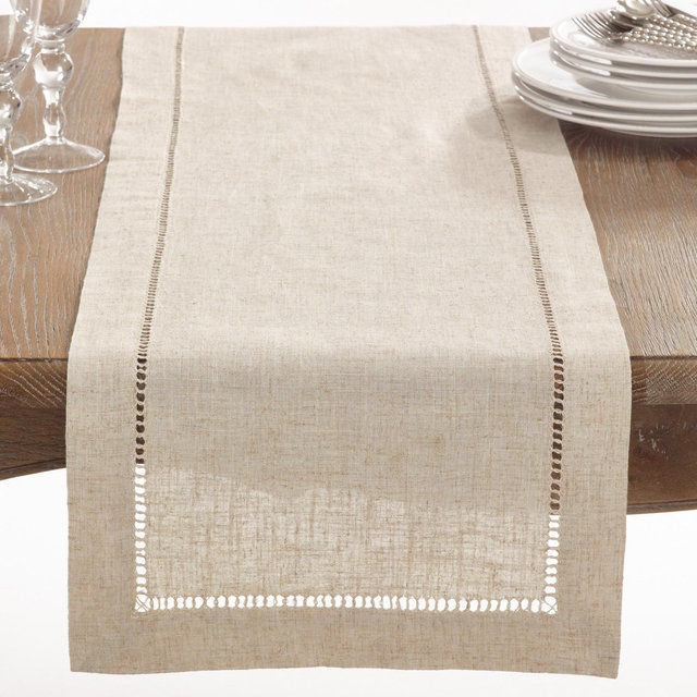 Saro Lifestyle Poly Blend Rustic Style Table Runner With Hemstitch Border, Natural, 16" x 54"