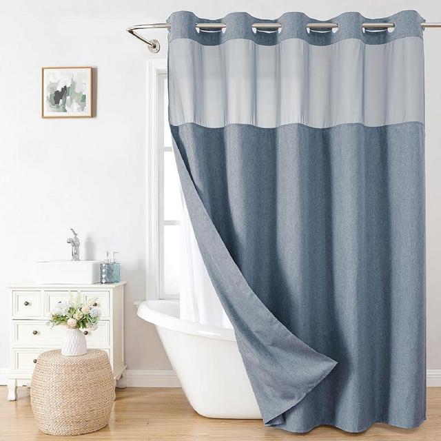 eachope No Hooks Needed Linen Textured Shower Curtain with Snap-in Fabric Liner Set,Blue Grey Hotel Luxury Decor Shower Curtains for Bathroom with Mesh Top Window,Waterproof & Washable,71Wx74H