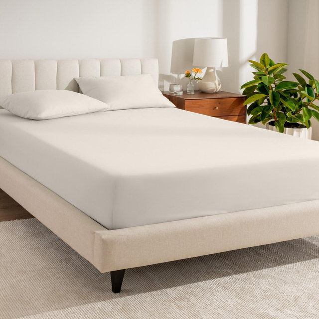 100% Organic Cotton Percale Cooling Fitted Sheet by Bare Home - Queen, French Beige