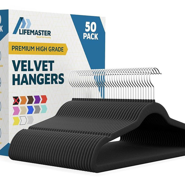Lifemaster Velvet Non-Slip Plastic Hanger Set - 50 Pieces Non-Slip Clothes Hanger Set with 360° Swivel Hook, Space-Saving, Sleek Design, Smooth Velvet Finish, Lightweight Construction - Black