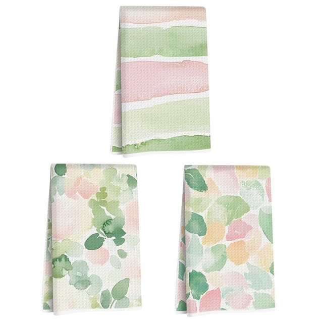 Jztco 3 Pcs Pastel Pink Green Stripe Kitchen Towels, Watercolor Flower Leaves Decorative Absorbent Microfiber Dish Cloth Tea Towel, Waffle Hand Towels for Farmhouse Home Bathroom, Housewarming Gifts