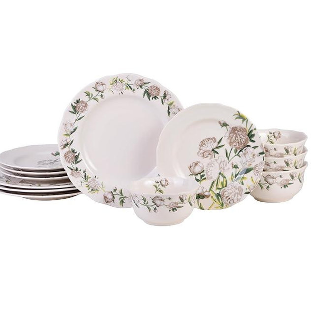 222 Fifth Luxe Peony Neutral Porcelain 12-Piece Dinnerware Set – Service for 4, Includes Dinner Plates, Salad Plates & Cereal Bowls, Glossy Finish, Dishwasher Safe, for Daily Dining & Entertainment