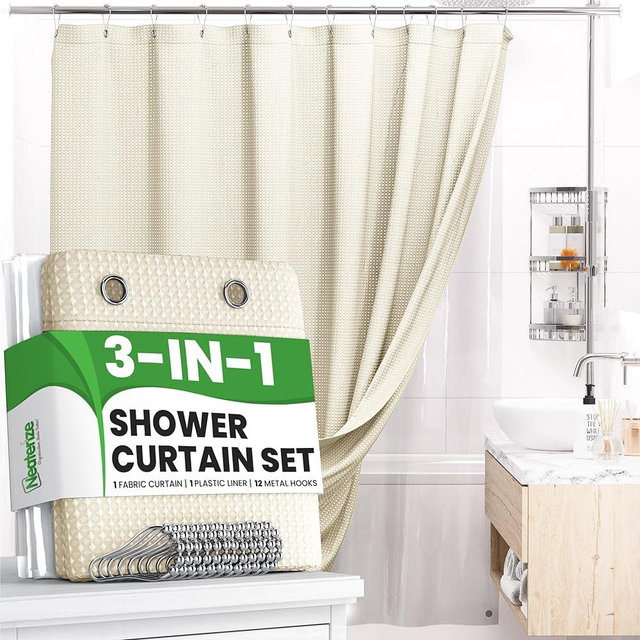 NEATERIZE 3 in 1 Shower Curtain Set - 72x72 Cream Shower Curtain Fabric and Shower Curtain Liner with Rust-Resistant Metal Hooks - Bathroom Shower Curtain Sets - Cortinas de Baño