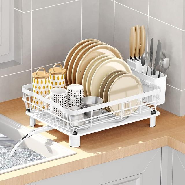 AIDERLY Dish Drying Rack with Drainboard Dish Drainers for Kitchen Counter Sink Adjustable Spout Dish Strainers with Utensil Holder and Knife Slots, White