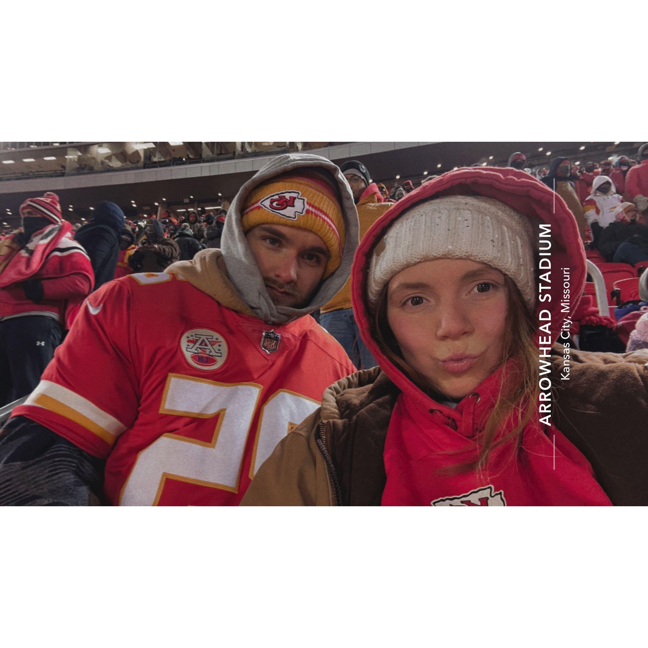 Our first Chiefs game together. Pretty sure our noses almost froze off.