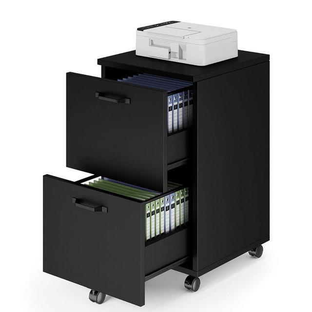 DUMOS 2 Drawer Filing Cabinet, Rolling Wood File Cabinet for Home Office, Under Desk Storage with Lockable Wheels, Printer Stand, Office Organizer, Black