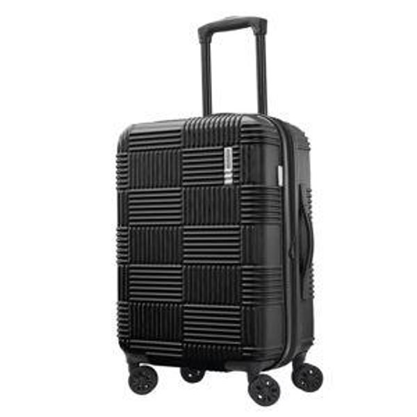 American Tourister NXT Checkered Hardside Carry On Spinner Suitcase - Blackout: 8-Wheel Spinner, Retractable Handle
