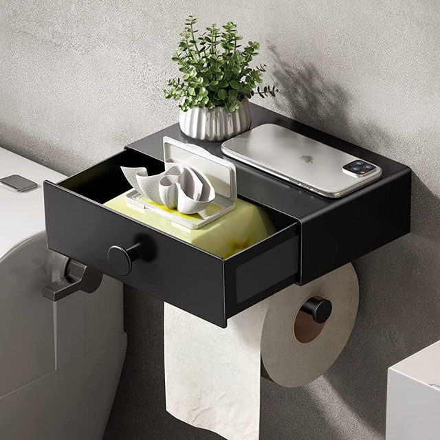 VOLDRA Toilet Paper Holder with Shelf Black Wipes Dispenser Bathroom Toilet Paper Holder with Storage Upgrade Drawer Design Toilet Tissue Holder Adhesive Small Bathroom Shelf Wall Mount