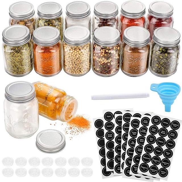 14 Pcs Glass Mason Spice Jars with Spice Labels - 4oz Empty Spice Bottles - Shaker Lids and Airtight Metal Caps - Chalk Marker and Collapsible Funnel Included- For Herbs & Spices, Jelly, DIY & Crafts