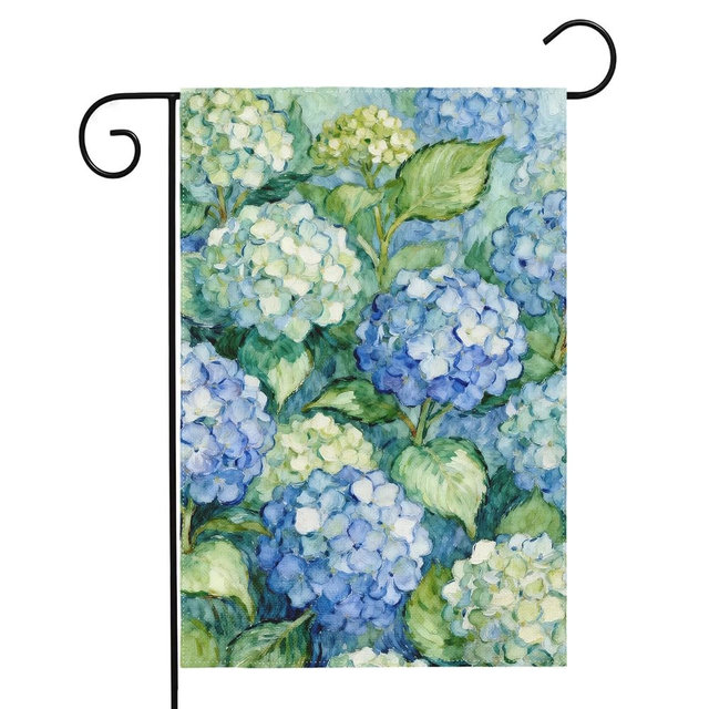 Spring Floral Garden Flag 12x18 Inch Double Sided Blue Green Hydrangea Flower Summer Yard Flags for Outside Holiday Seasonal Farmhouse Decor Outdoor Porch Decoration