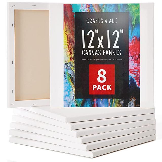 Crafts 4 All Stretched Canvas Boards for Painting - 8 Pack of 12x12 Blank Art Canvases, Framed Canvas for Painting with Acrylic & Oil Paint, Pencil, Pastels, Charcoal