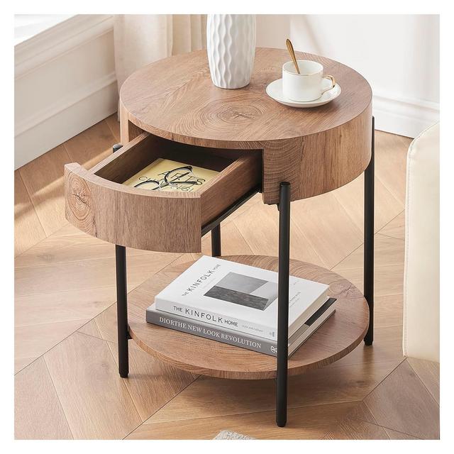 2-Tier Round End Table, Nature Wood Color Side Table with Growth Rings Wood Design