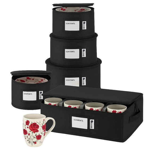Hard Shell China Storage Containers 5-Piece Set Moving Boxes for Dinnerware, Glasses, Plates, Mugs and Saucers Sturdy Dish Organizer with Dividers for Seasonal Storage - Service for 12 - Black Quilted