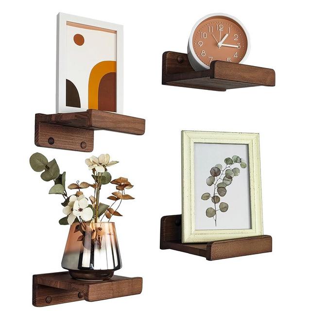 Handcrafted, Floating Shelves for Wall 5 inch, Waterproof, Wall Storage Shelves with Lip, Display Picture Ledge Shelf for Photo Frame, Natural Wood Hanging Book Shelves (American Walnut, Set 4)