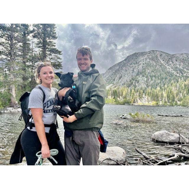 Our Cassie girl loves backpacking with us! This picture is in Mammoth Lakes CA.