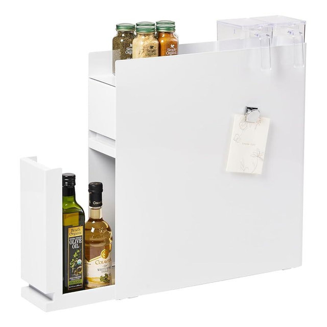YAMAZAKI Home Tower Two Tier Seasoning Condiments Spice Rack With Drawer, Kitchen Food Storage Container - Steel