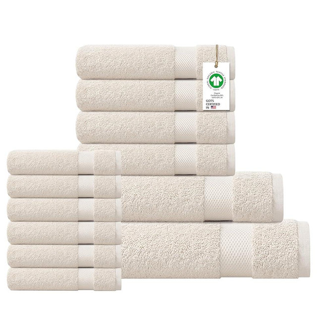 Delara 100% Organic Cotton Towels 650 GSM Plush Feather Touch Quick Dry Towel, 12-Piece Towel Set GOTS Certified, Oeko-Tex Green Certified, 1 Bath Towel, 1 Bath Sheet, 4 Hand Towels & 6 Wash Cloths