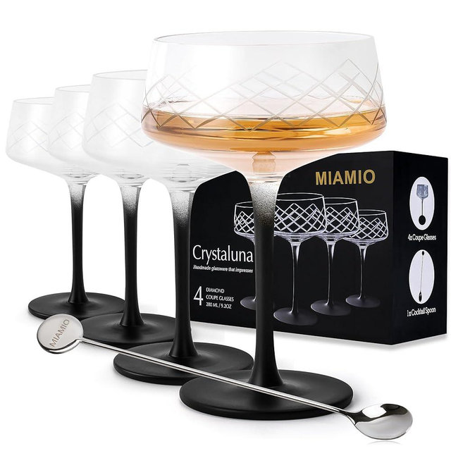 MIAMIO – 9.5 Oz Coupe Glasses Set of 4 with Bar Spoon, Handblown Crystal Cocktail Glasses with Black Stem, Cocktail Glasses, Vodka Martini Glasses, Champagne Coupe Glasses – Crystaluna Collection