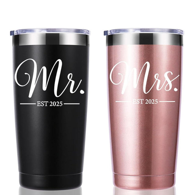 Mr and Mrs Est 2025 20 OZ Tumbler.Travel Mug Tumbler for Wedding Bride and Groom Engagement Couples Wife Husband.Newlyweds Anniversary Bride To Be Newly Engaged Bridal Shower Gifts.(Black&Rose Gold)