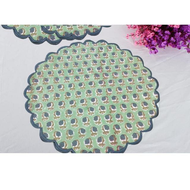 Ridhi Bo-ho Round Place Mat Double Layer Floral Cotton Washable Placemats 15" Round Embroidery Block Print Table Mat (Pack of 4-15 Inch Round, Basil Green)