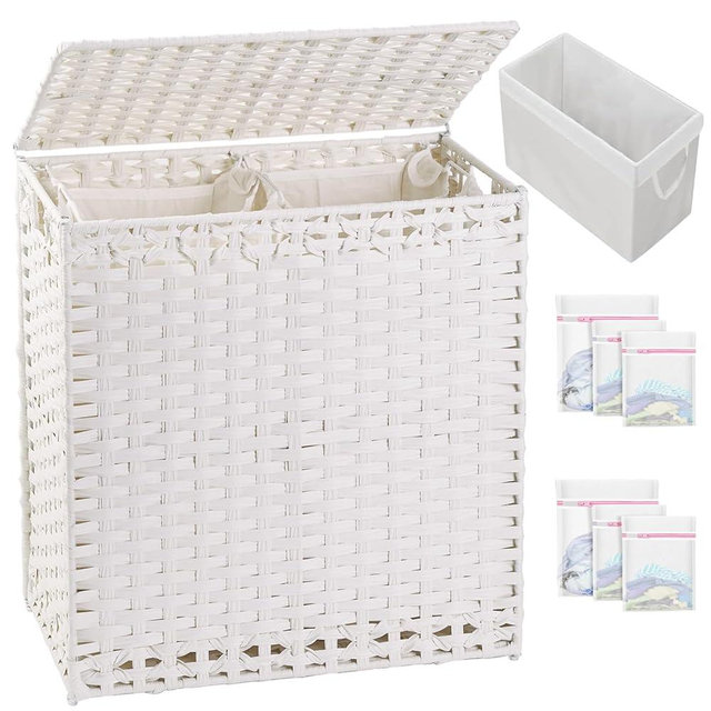SETVSON Laundry Hamper with Lid Wicker Laundry Basket 112 L (29.6 Gal) Laundry Hampers Handwoven Rattan Clothes Hamper with Handles 3 Removable Liner Bag, 6 Mesh Bags for Bathroom Bedroom White