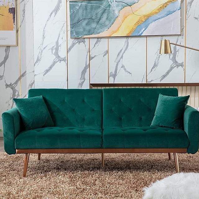 Velvet Futon Sofa Bed with 5 Golden Metal Legs, Sleeper Sofa Couch with Two Pillows, Convertible Loveseat for Living Room and Bedroom, Green