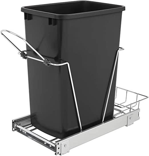 Rev-A-Shelf RV-12KD-18C S 35-Quart Chrome Wire Bottom Mount Pullout Kitchen Waste Trash Can Container Bin with Rear Storage, Black