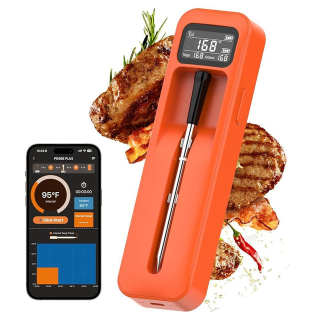 Smart Bluetooth Wireless Meat Thermometer with Ceramic Probe,±1°F Accuracy,IPX8,Real-Time Readings from App or Standalone Display Base for BBQ,Grill,Smoker,Steak,Turkey,Chicken,Pork,Lamb