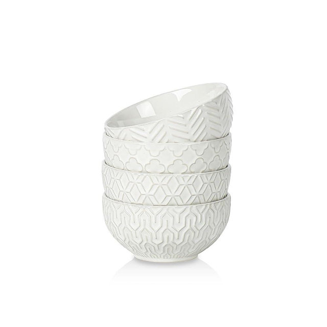 Sureasy Ceramic Dessert Bowls, 10oz Embossed Small Bowl, 4.6 inch Ice Cream Bowl, Small Serving Bowls Set for Snack, Sauce, Microwave and Dishwasher Safe, Gifts, Set of 4, White
