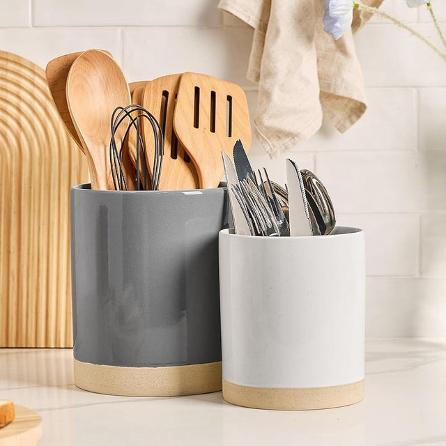 famiware Milkyway Kitchen Utensil Holder for Countertop, Ceramic Cooking Utensil Crocks for Kitchen Counter, Utensil Organizer for Spatula & Spoon, Set of 2, Dark Gray and White
