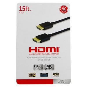 GE HDMI Cable, 15ft., High Speed With Ethernet, Gold Connectors - Black