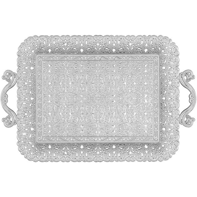 Alisveristime Turkish Ottoman Authentic Floral Design Zamak Serving Tray for Coffee & Tea (16.50 in x 11 in) (Silver)