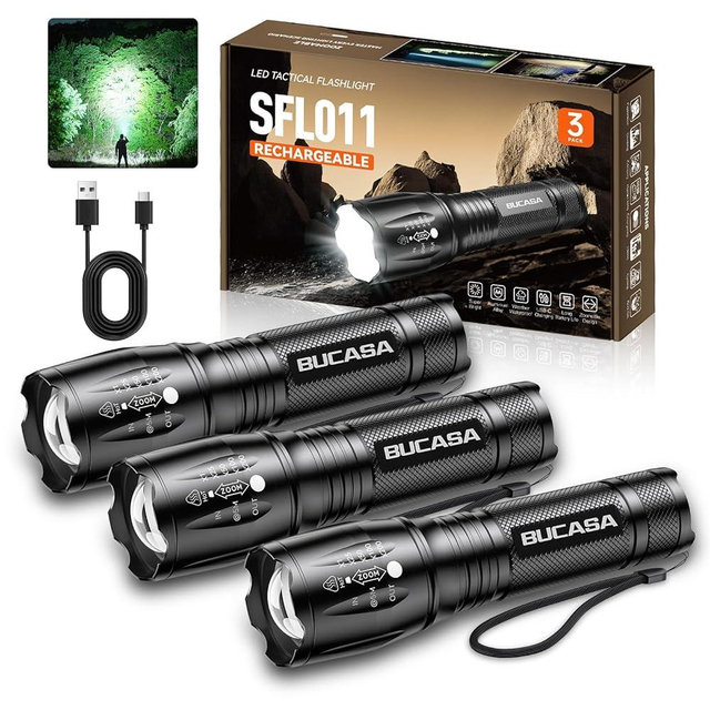 BUCASA 3 Pack Rechargeable Flashlights High Lumens, Brighter Small Flashlight Powerful Tactical Flashlights Rechargeable, Waterproof LED Flashlight with 3 Modes Zoomable for Camping Emergency