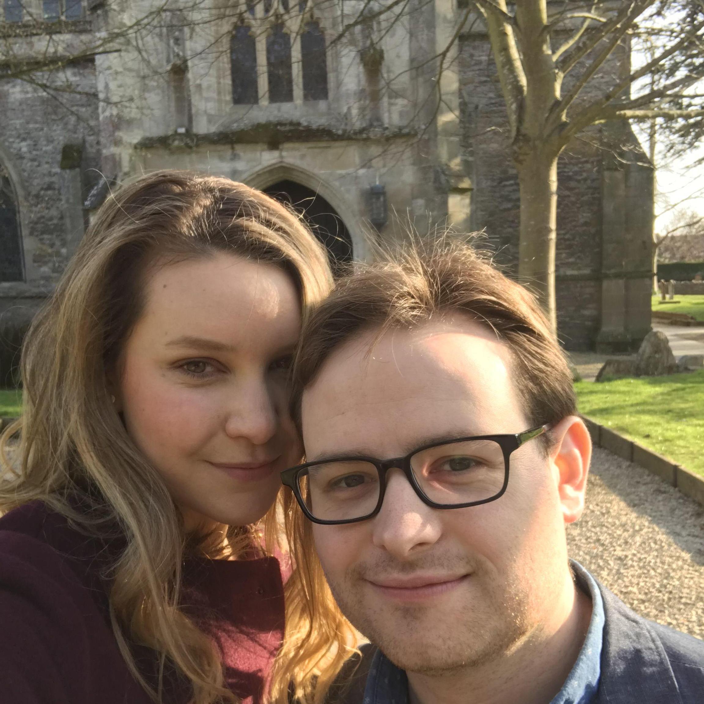 Standing in front of Holy Trinity Church in Stratford-Upon-Avon, the place we'll be married (2019)