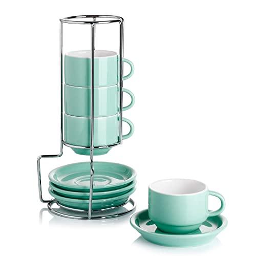 Sweese 405.409 Porcelain Stackable Espresso Cups with Saucers and Metal Stand - 4 Ounce - Set of 4, Mint Green