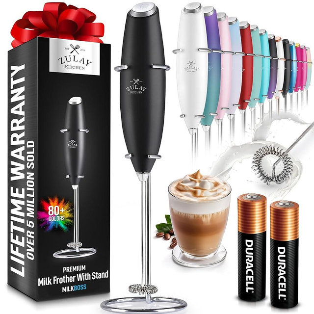 Zulay Kitchen Powerful Milk Frother Wand With 2 Duracell Batteries - Ultra Fast Handheld Drink Mixer - Electric Whisk Foam Maker for Coffee, Lattes, Cappuccino, Matcha, Hot Chocolate & Creamer - Black