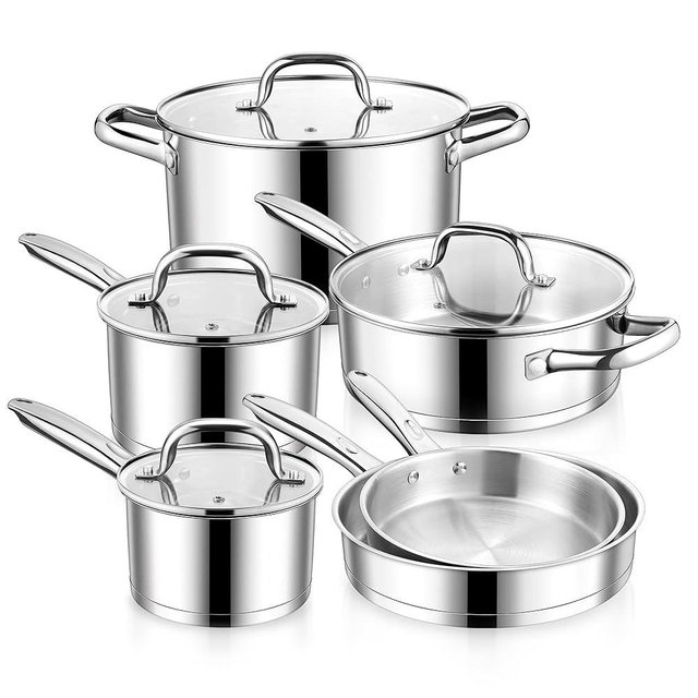 E-far 10-Piece Stainless Steel Cookware Set, Induction Pots and Pans Set with Tri-Ply Base, Non-toxic Kitchen Cooking Set w/Frying Pan, Saucepan, Saute Pan, Stockpot with Lids, Oven & Dishwasher Safe