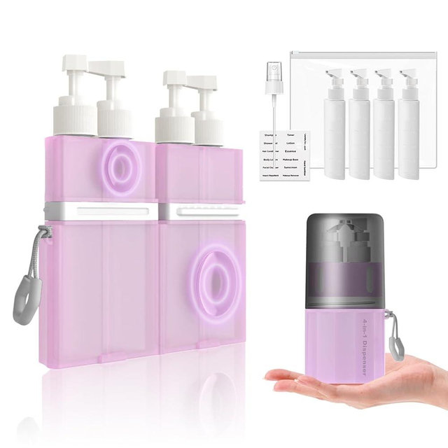 TechoEcho 4 in 1 Travel Toiletry Containers,TSA Approved Refillable Travel Size Toiletries Bottles Set with Suction Cup for Smooth Walls - for Shampoo,Conditioner,Body Wash,Lotion.(Pink)