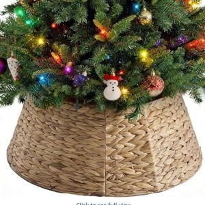 Sweetcrispy 24inch Christmas Tree Collar for 4-7ft Trees, Woven Hyacinth Rattan 4-Panel Collar w/Cord Access Hole & Easy Lock Design,Woven Natural