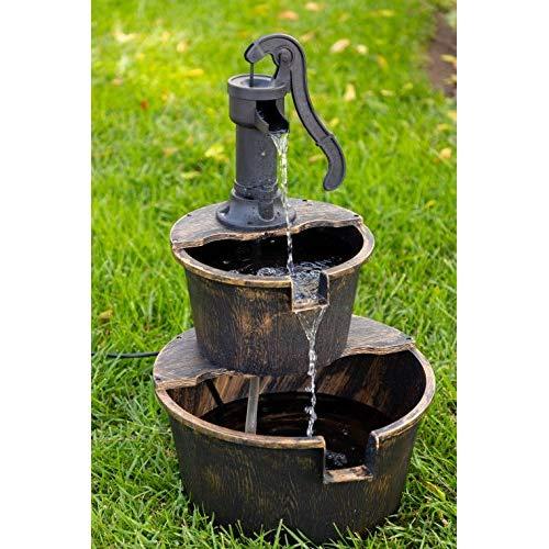 Alpine Corporation TIZ194BZ Alpine 2-Tier Rustic Pump Barrel Waterfall for Garden, Patio, Deck, Porch-Yard Art Decor Outdoor Water Fountain, Gray