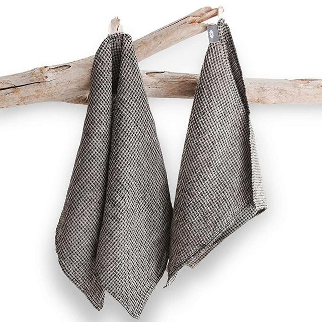 Pure 100% Linen Kitchen Towels - Set of 2 Linen Tea Towels Waffle Weave Black-Natural - 13 x 29-inch Soft Lightweight Stone-Washed Linen Dish Towels - Quick-Dry Linen Hand Towel - Kitchen Linens