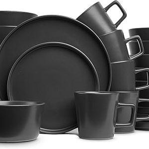 Stone Lain 32-Piece Black Matte Dinnerware Set + 4-Piece Black Stoneware Pasta Bowl Set