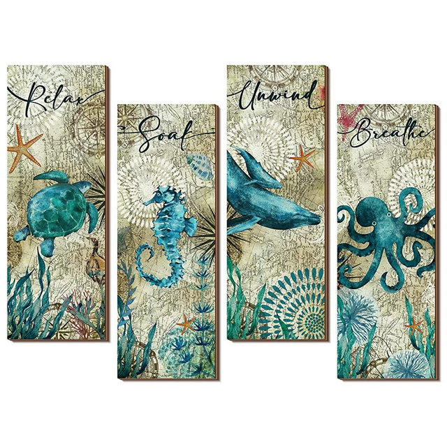 4 Pieces Ocean Bathroom Decor Rustic Bathroom Sign Wooden Under The Sea Turtle Bathroom Decor Relax Soak Unwind Breathe Wall Art Nautical Artwork for Farmhouse Home Bathroom Laundry, 11 x 3.9 Inches