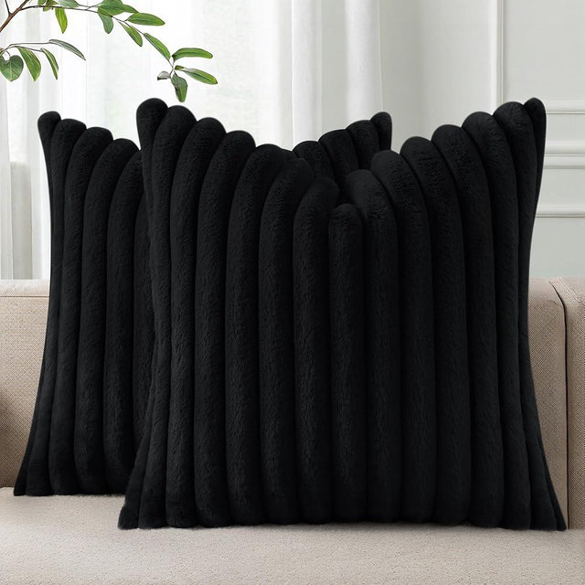 Pallene Faux Fur Plush Throw Pillow Covers 18x18 Set of 2, Luxury Soft Fluffy Striped Decorative Pillow Covers for Sofa, Couch, Living Room, Black