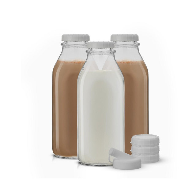JoyJolt Glass Milk Bottles with Lids 32 oz