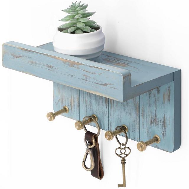 Rebee Vision Small Key Holder Wall Mount for Farmhouse Decor - Key and Mail Holder for Wall with Shelf and 4 Key Hooks - Room Decor Aesthetic (Distressed Blue)