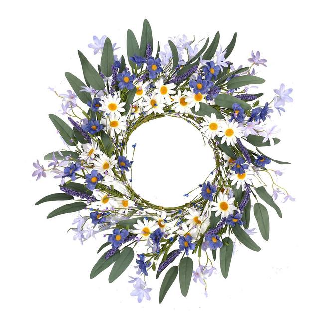 Artificial Flower Wreath,20” Violet Daisy Wreath Blue White Flower Wreath Spring/Summer Wreath, Suitable for Front Door Indoor Wall Window Decor and Festival Celebration