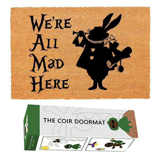 FWARMBS Funny Coir Doormat Welcome Front Porch Decor Mat for The Entrance Way Personalized Rugs with Heavy-Duty Backing Non Slip Outdoor Coir Matt 23.6 x 15.7 inch (We're All Mad Here)