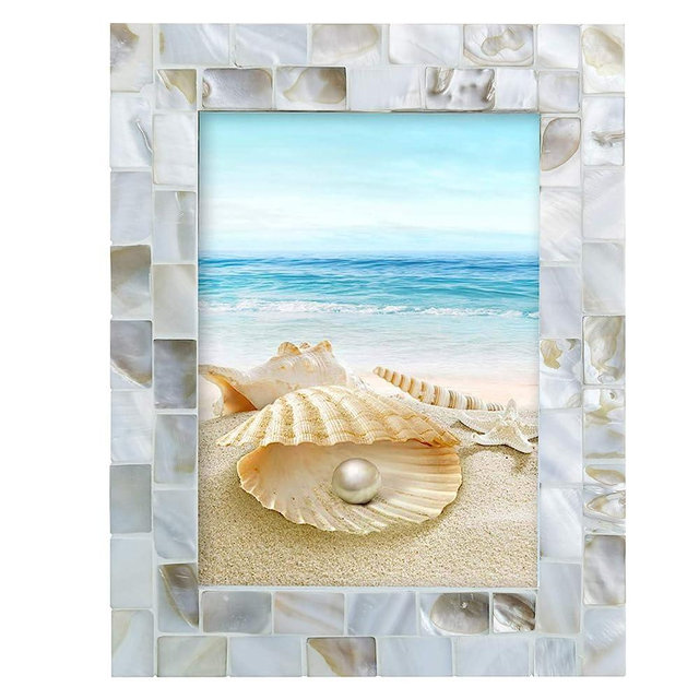 Handmade Picture Frames, 5" x 7"Vintage Mother of Pearl Photo Frame,Unique Natural Style,Chic Mosaic Beach Picture Frame Tabletop or Wall Hanging Display Frame (White, 5x7")