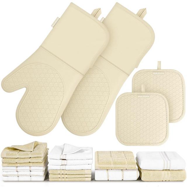 Oven Mitts Pot Holder Dish Towels for Kitchen-20 Pc Dish Cloths with Silicone Oven Mitts and Pot Holders Heat Resistant 500 F,Absorbent Kitchen Hand Towels,100% Cotton Tea Towels,Dish Rag for Kitchen